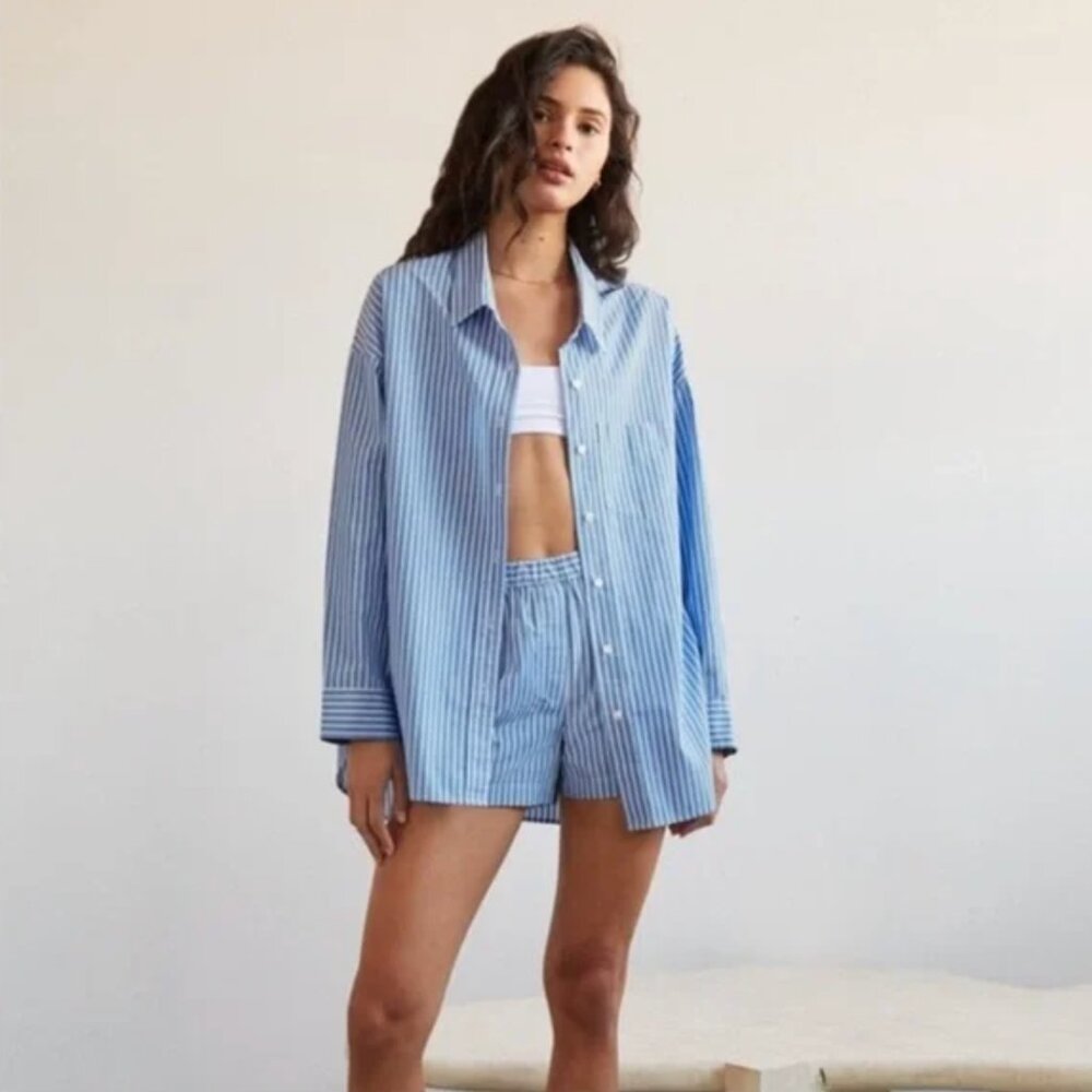 Aritzia Wilfred Free Blue White Striped Button Up Shirt